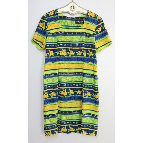 VINTAGE 90'S LIME GREEN BLUE PRINT SHEATH DRESS - SAG HARBOR - SIZE 10P - Picture 1 of 6